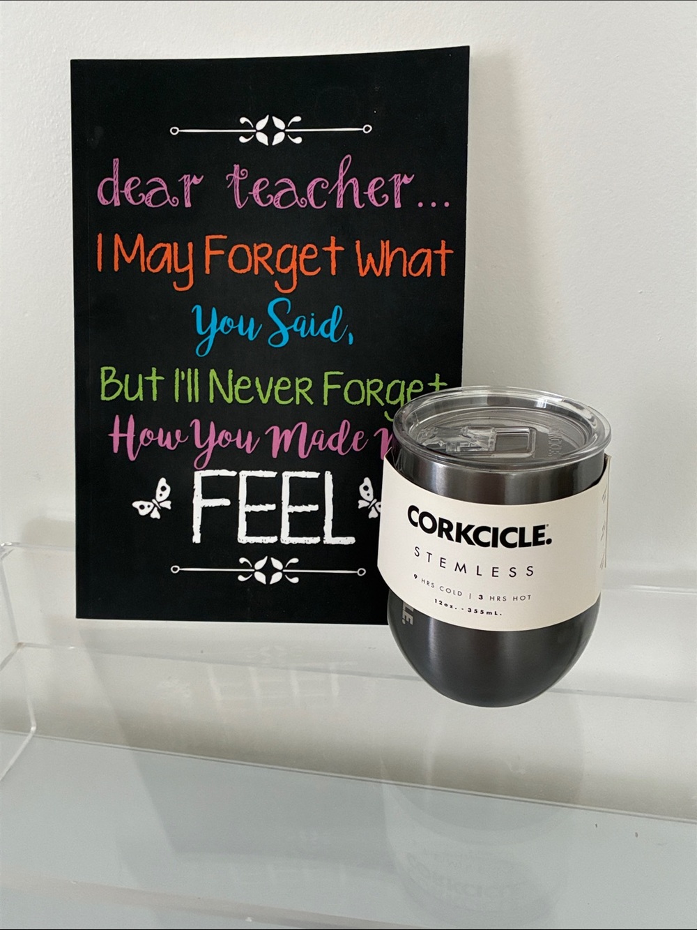 Corkcicle Stemless Tumbler in Black and Silver with journal